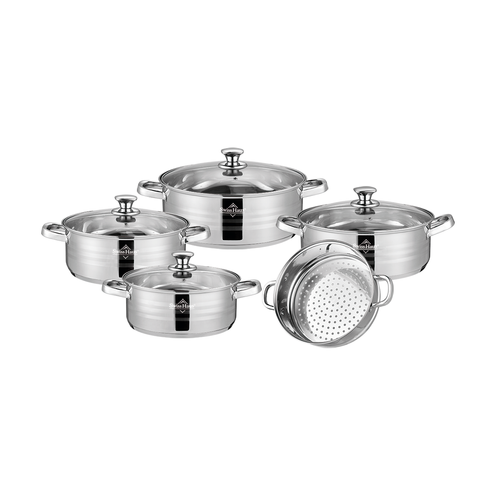Set pentole basse e Vaporiera 9 pezzi in Acciaio Inox